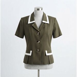 VTG 1980s Virgo Olive & Cream Short Sleeve Office Sailor Collar Blazer Size 16